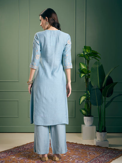 Solid Floral Zari Embroidered A-Line Kurta with Pant - Light Blue