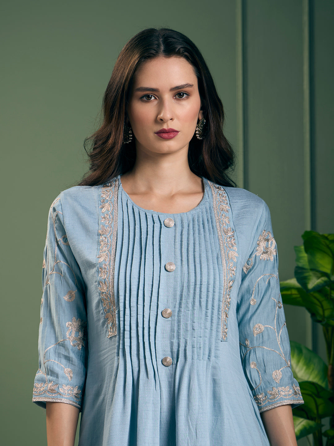 Solid Floral Zari Embroidered A-Line Kurta with Pant - Light Blue