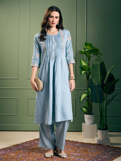 Solid Floral Zari Embroidered A-Line Kurta with Pant - Light Blue
