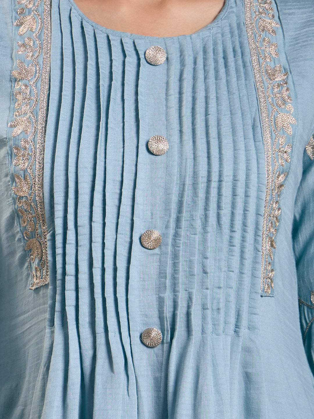 Solid Floral Zari Embroidered A-Line Kurta with Pant - Light Blue