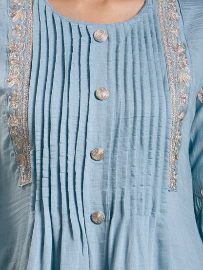 Solid Floral Zari Embroidered A-Line Kurta with Pant - Light Blue