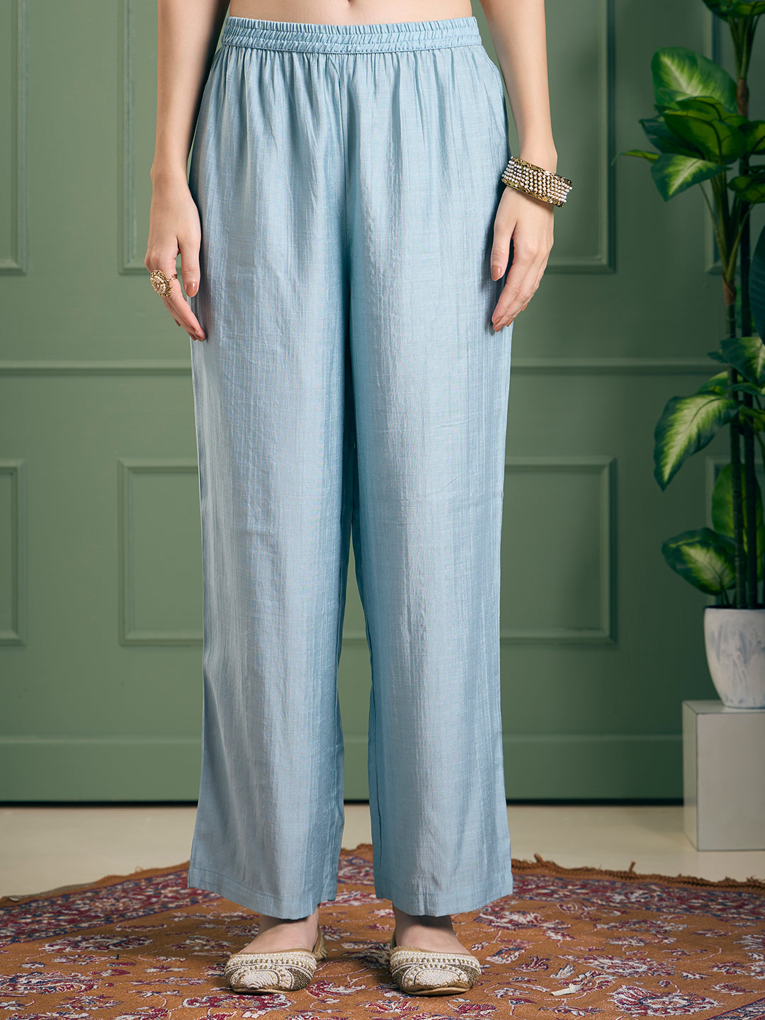 Solid Floral Zari Embroidered A-Line Kurta with Pant - Light Blue