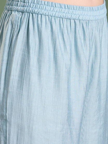 Solid Floral Zari Embroidered A-Line Kurta with Pant - Light Blue