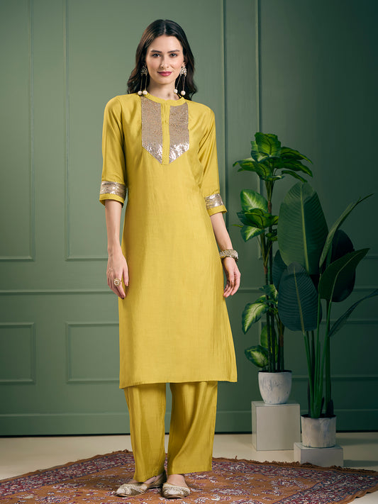Solid Sequin Embroidered Straight Fit Co-ord Set - Yellow