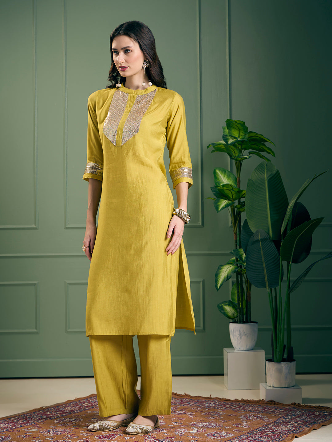 Solid Sequin Embroidered Straight Fit Co-ord Set - Yellow