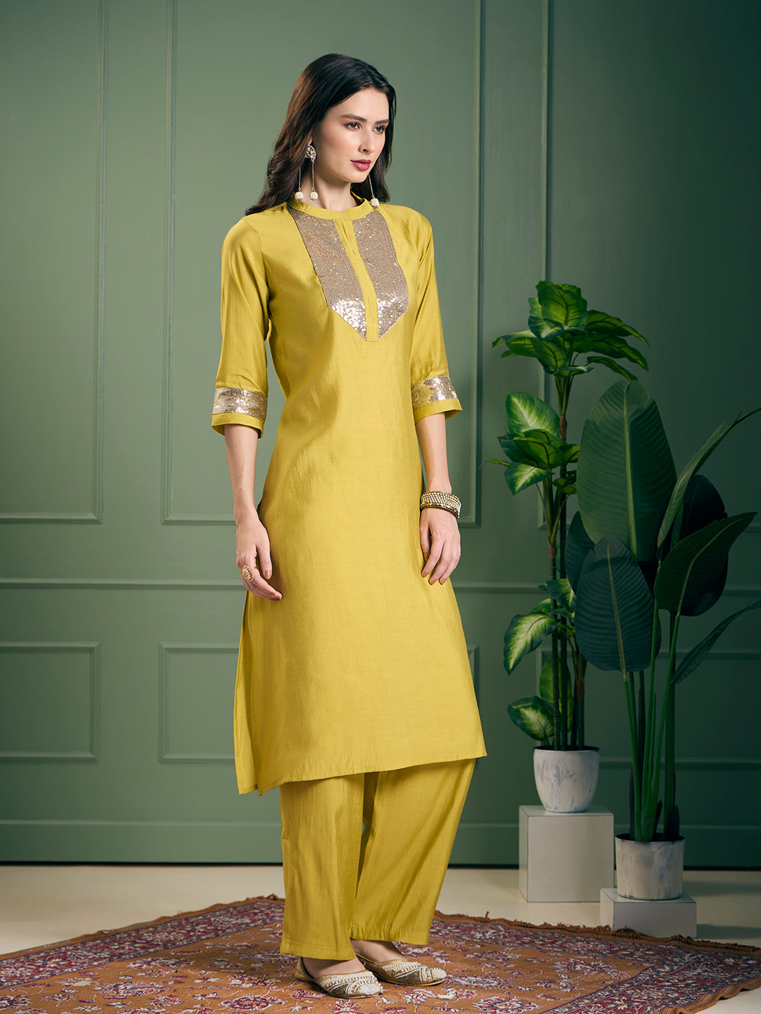 Solid Sequin Embroidered Straight Fit Co-ord Set - Yellow