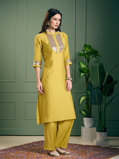 Solid Sequin Embroidered Straight Fit Co-ord Set - Yellow