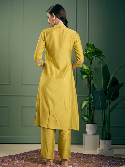 Solid Sequin Embroidered Straight Fit Co-ord Set - Yellow