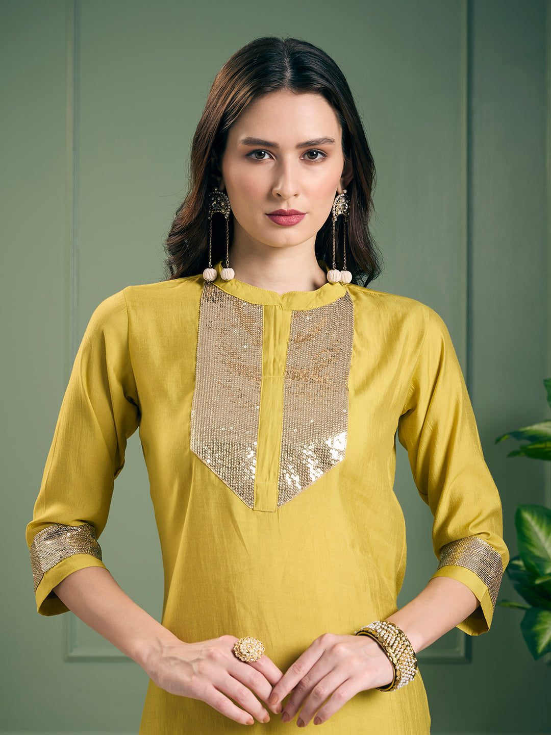 Solid Sequin Embroidered Straight Fit Co-ord Set - Yellow
