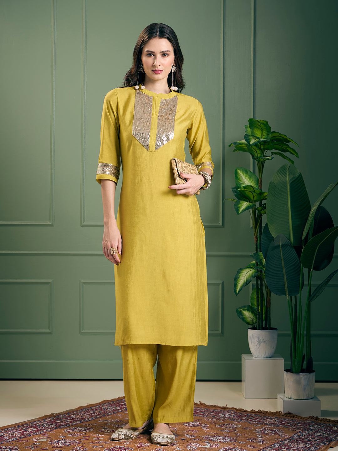 Solid Sequin Embroidered Straight Fit Co-ord Set - Yellow