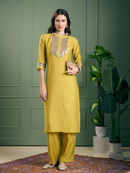 Solid Sequin Embroidered Straight Fit Co-ord Set - Yellow