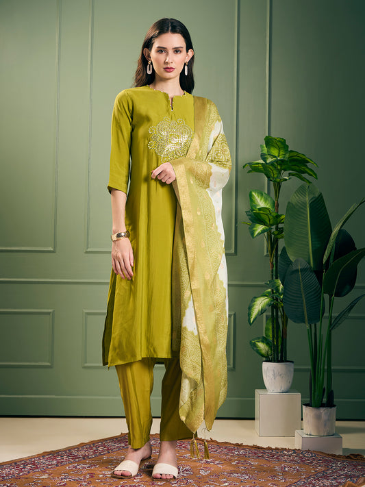 Solid Mirror Embroidered Straight Kurta with Pant and Dupatta - Lime Green