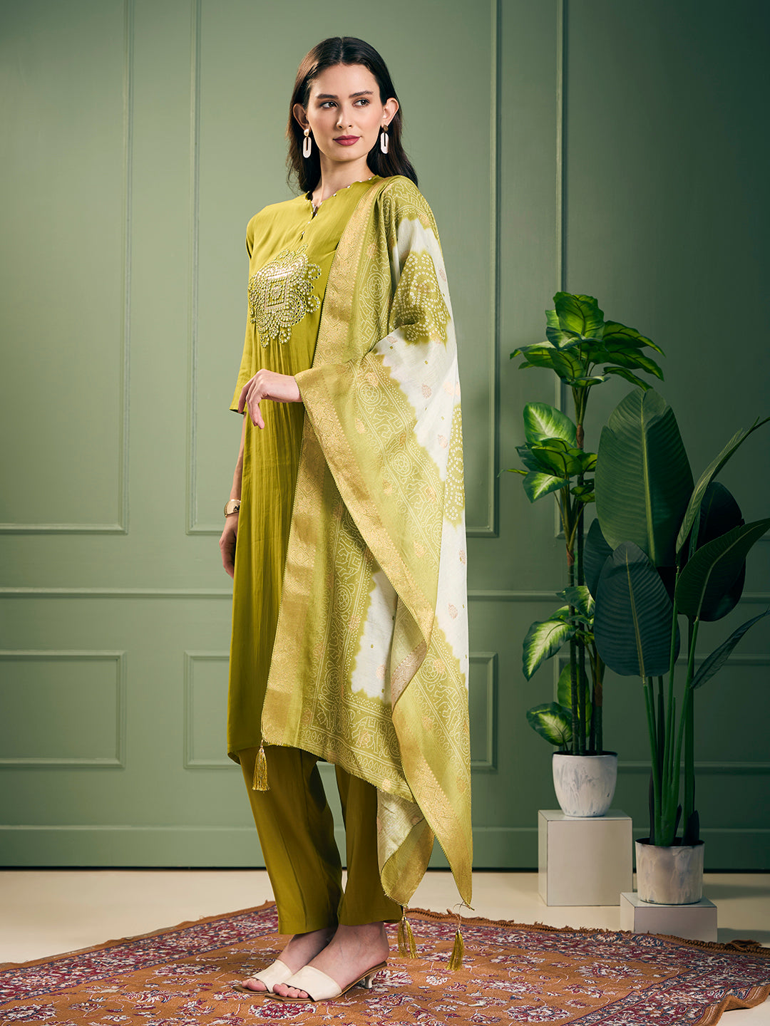 Solid Mirror Embroidered Straight Kurta with Pant and Dupatta - Lime Green