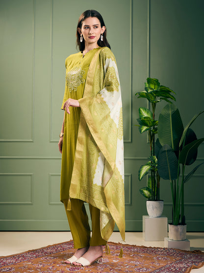 Solid Mirror Embroidered Straight Kurta with Pant and Dupatta - Lime Green