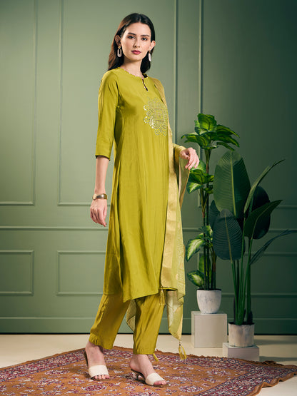Solid Mirror Embroidered Straight Kurta with Pant and Dupatta - Lime Green