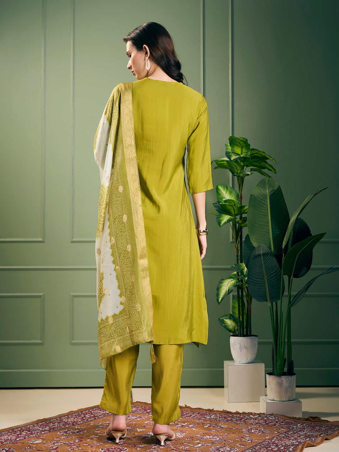Solid Mirror Embroidered Straight Kurta with Pant and Dupatta - Lime Green