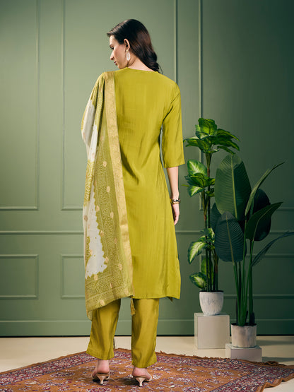 Solid Mirror Embroidered Straight Kurta with Pant and Dupatta - Lime Green
