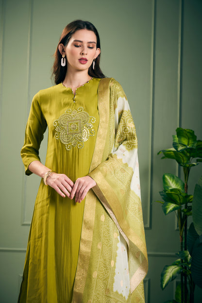 Solid Mirror Embroidered Straight Kurta with Pant and Dupatta - Lime Green