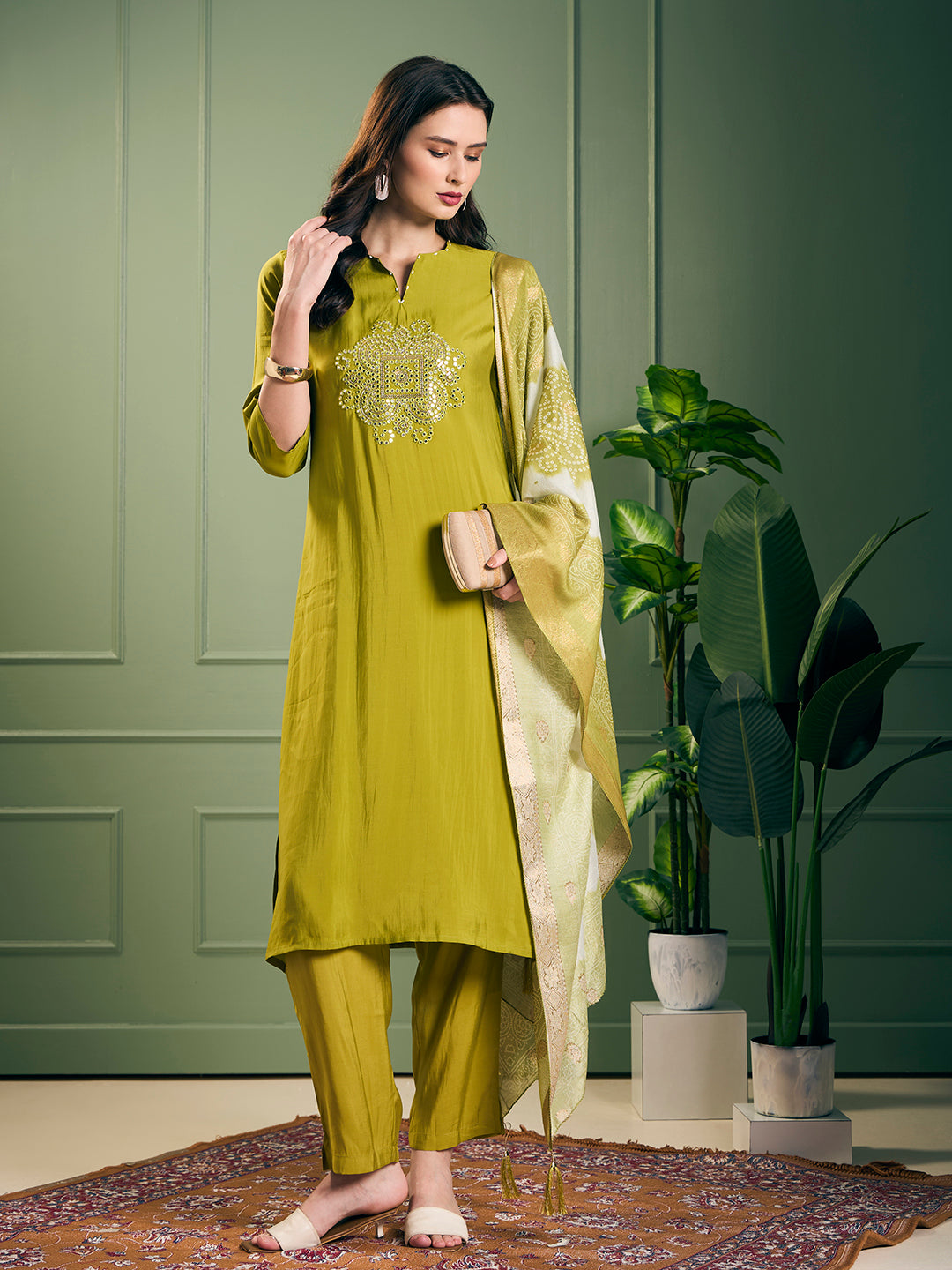 Solid Mirror Embroidered Straight Kurta with Pant and Dupatta - Lime Green
