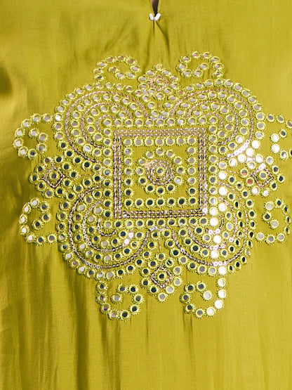 Solid Mirror Embroidered Straight Kurta with Pant and Dupatta - Lime Green