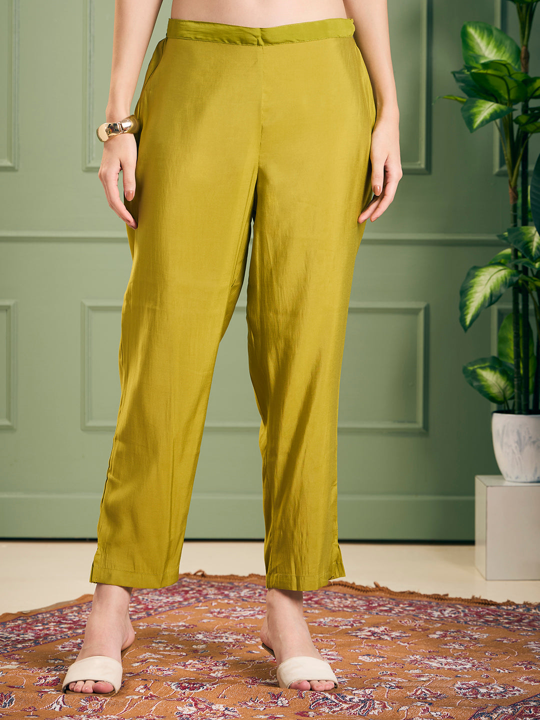 Solid Mirror Embroidered Straight Kurta with Pant and Dupatta - Lime Green