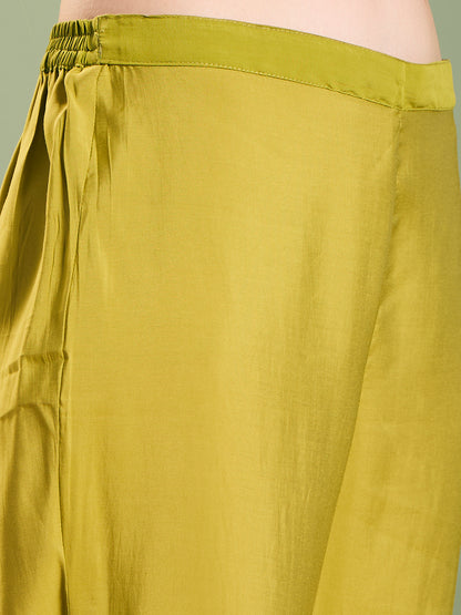 Solid Mirror Embroidered Straight Kurta with Pant and Dupatta - Lime Green