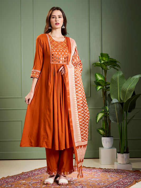 Solid Ethnic Mirror Work A-Line Pleated Kurta with Palazzo & Dupatta - Rust