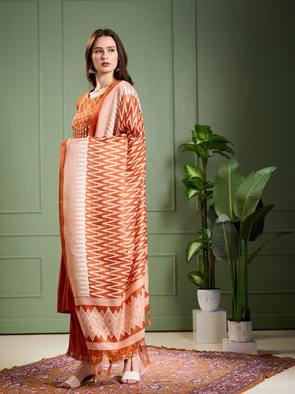 Solid Ethnic Mirror Work A-Line Pleated Kurta with Palazzo & Dupatta - Rust