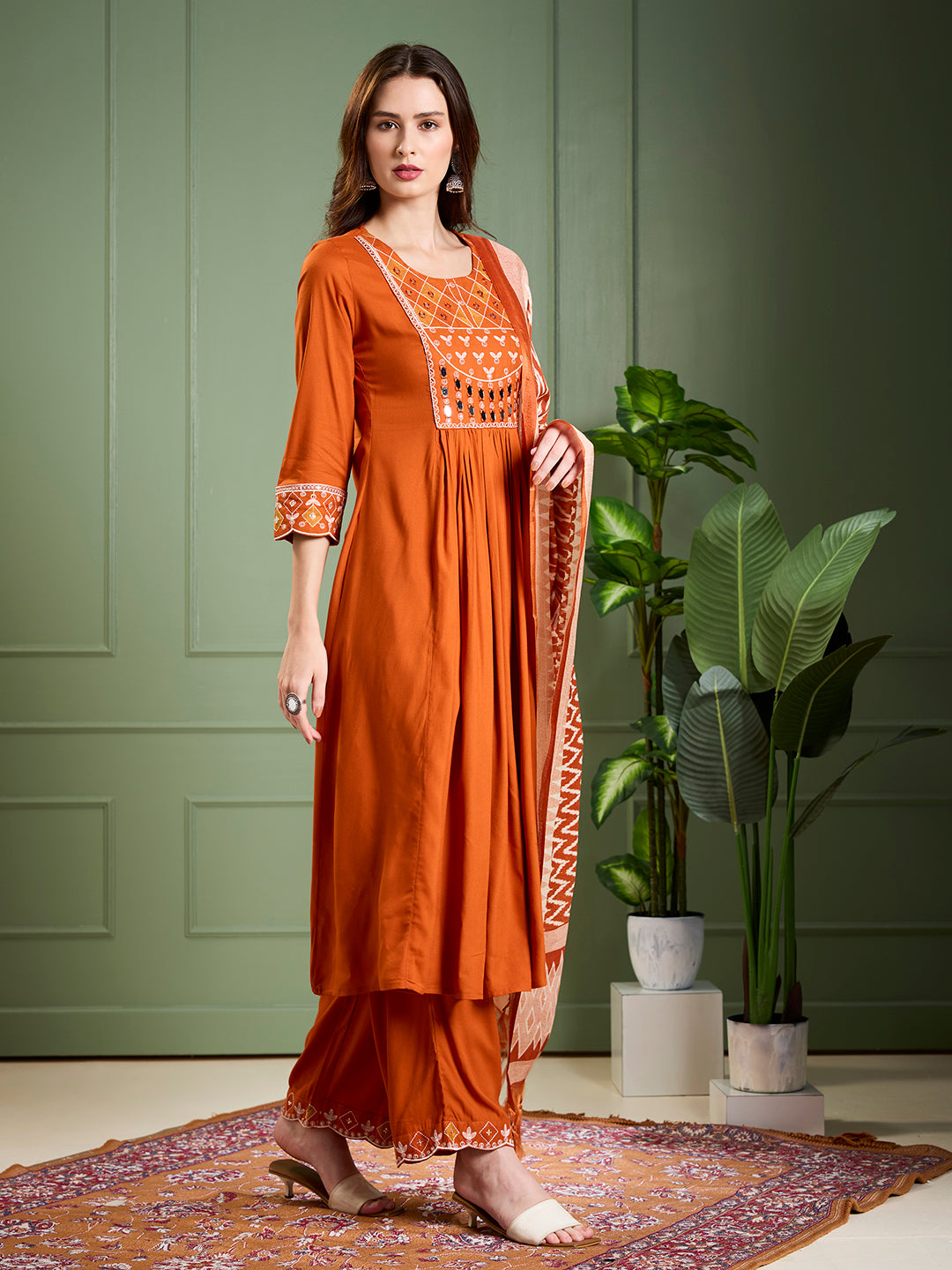 Solid Ethnic Mirror Work A-Line Pleated Kurta with Palazzo & Dupatta - Rust