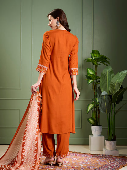 Solid Ethnic Mirror Work A-Line Pleated Kurta with Palazzo & Dupatta - Rust