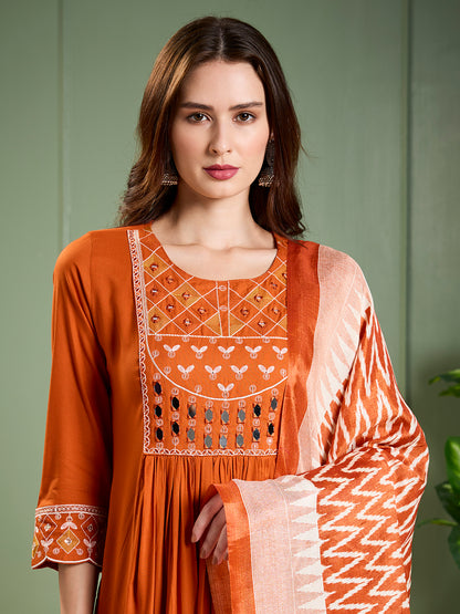 Solid Ethnic Mirror Work A-Line Pleated Kurta with Palazzo & Dupatta - Rust