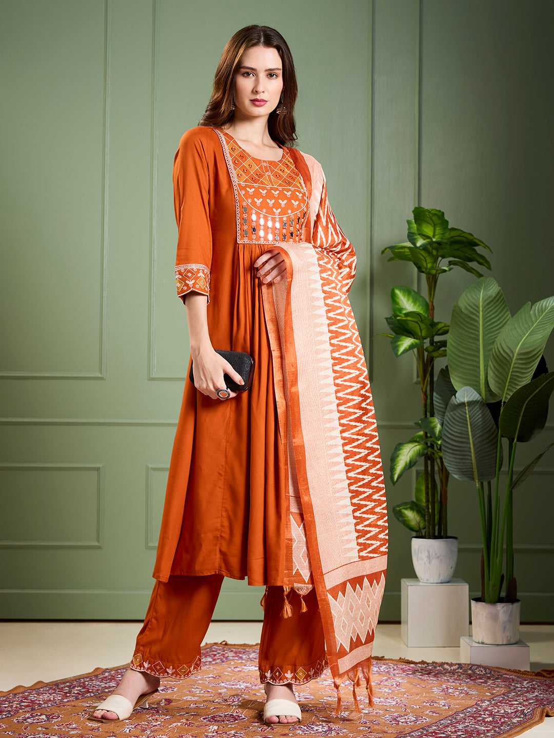 Solid Ethnic Mirror Work A-Line Pleated Kurta with Palazzo & Dupatta - Rust