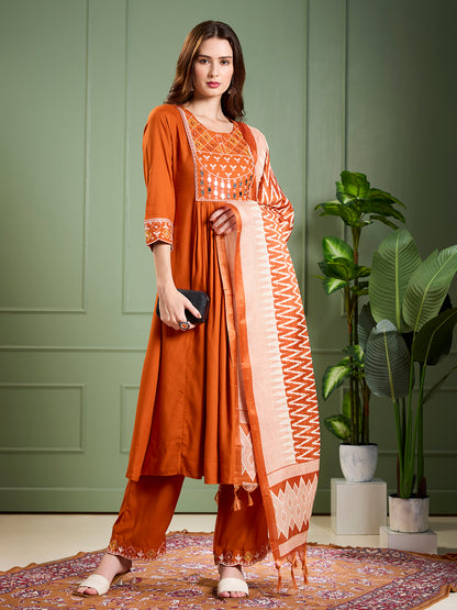 Solid Ethnic Mirror Work A-Line Pleated Kurta with Palazzo & Dupatta - Rust