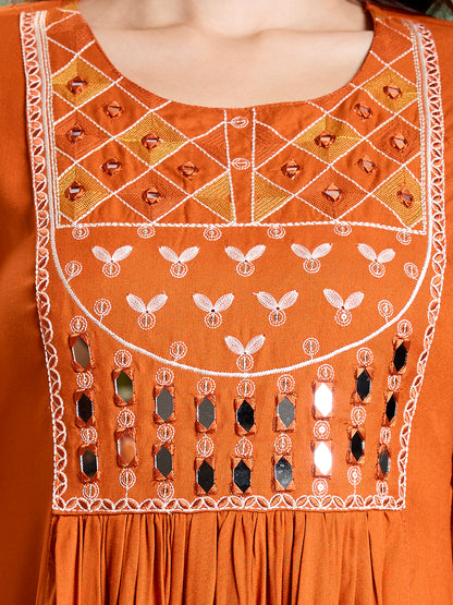 Solid Ethnic Mirror Work A-Line Pleated Kurta with Palazzo & Dupatta - Rust