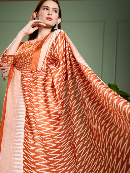 Solid Ethnic Mirror Work A-Line Pleated Kurta with Palazzo & Dupatta - Rust