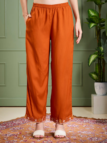 Solid Ethnic Mirror Work A-Line Pleated Kurta with Palazzo & Dupatta - Rust