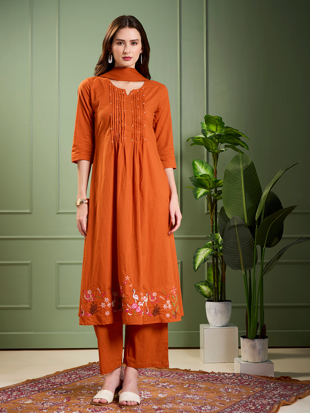 Solid Animal Motif Work & A-Line Pleated Kurta with Palazzo & Dupatta - Rust