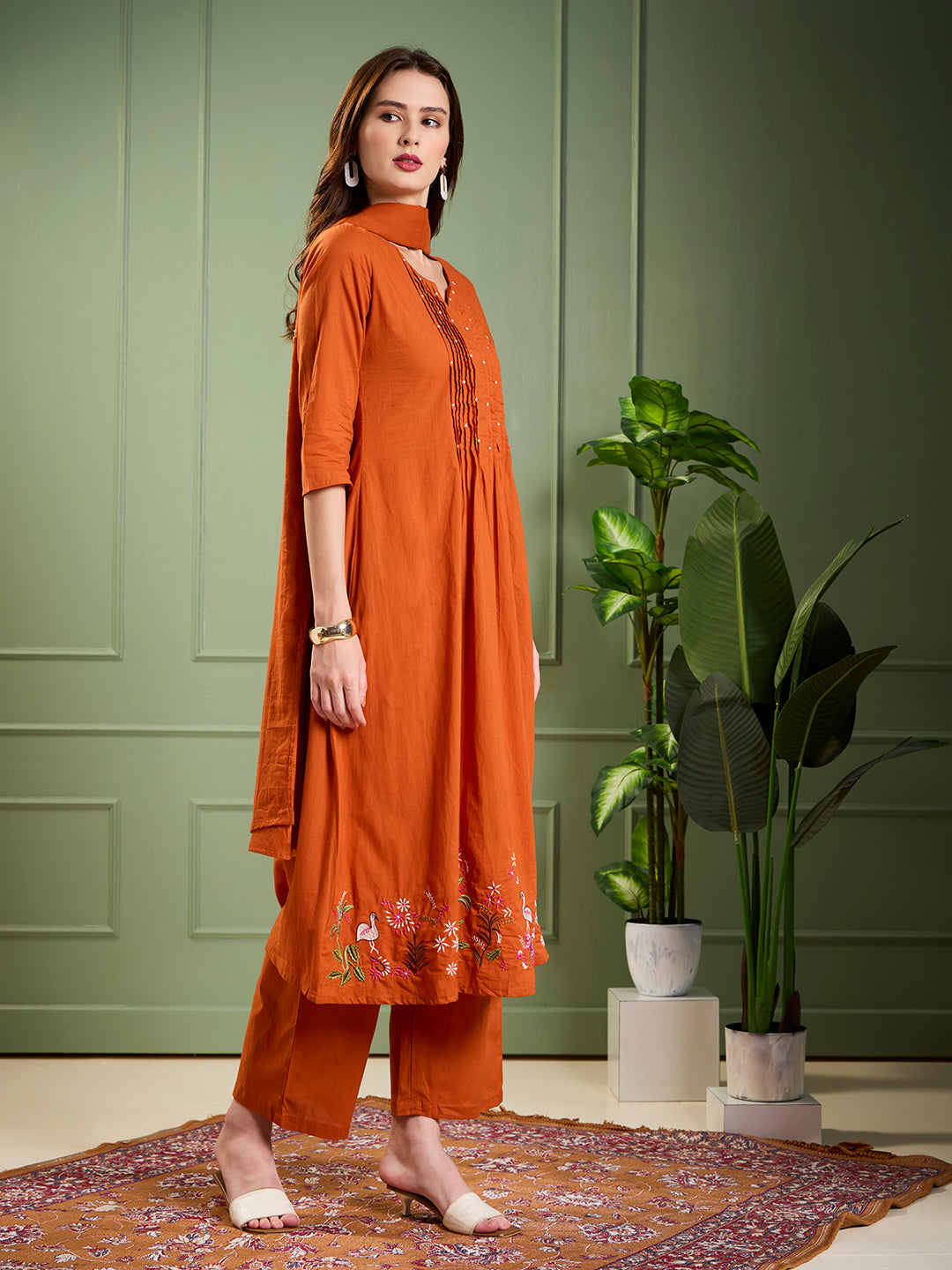 Solid Animal Motif Work & A-Line Pleated Kurta with Palazzo & Dupatta - Rust