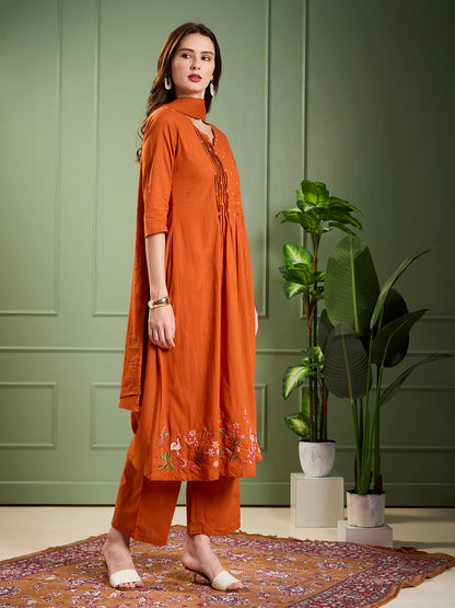 Solid Animal Motif Work & A-Line Pleated Kurta with Palazzo & Dupatta - Rust