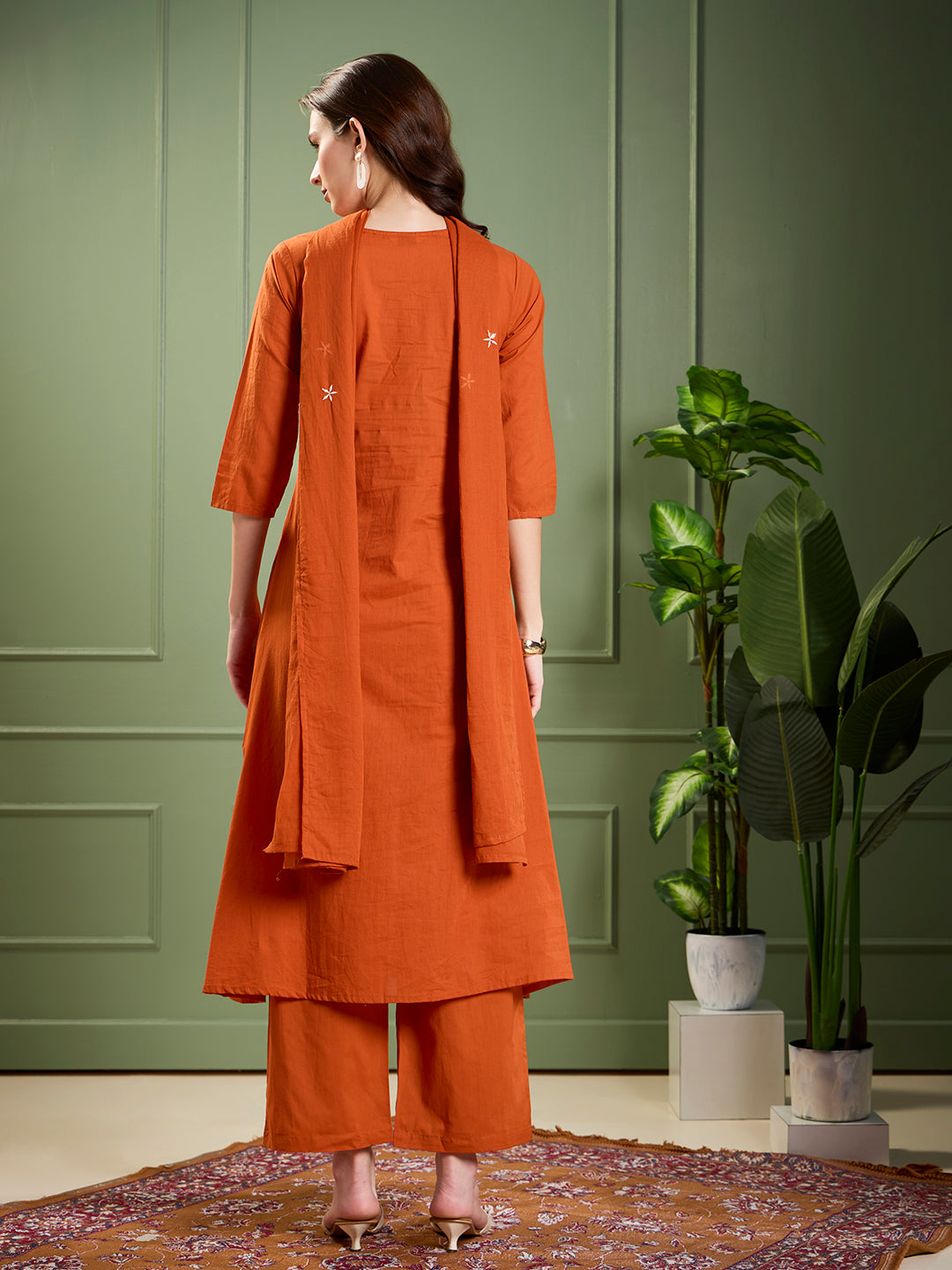 Solid Animal Motif Work & A-Line Pleated Kurta with Palazzo & Dupatta - Rust