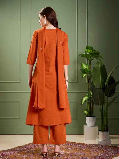 Solid Animal Motif Work & A-Line Pleated Kurta with Palazzo & Dupatta - Rust