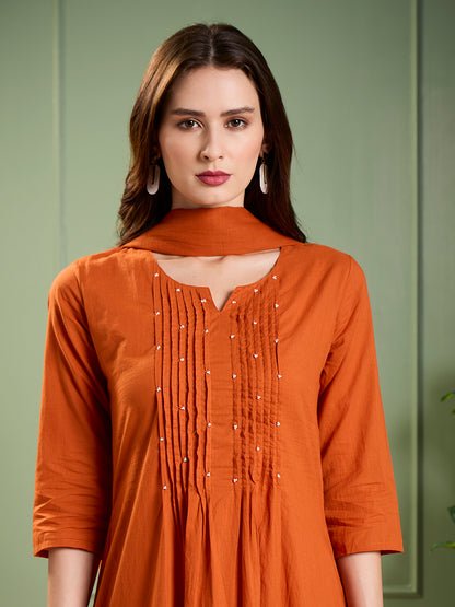 Solid Animal Motif Work & A-Line Pleated Kurta with Palazzo & Dupatta - Rust