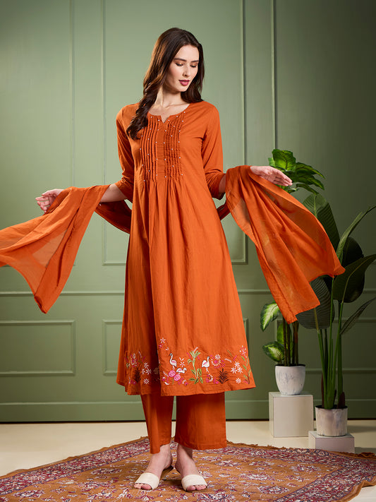 Solid Animal Motif Work & A-Line Pleated Kurta with Palazzo & Dupatta - Rust