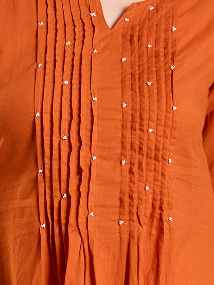 Solid Animal Motif Work & A-Line Pleated Kurta with Palazzo & Dupatta - Rust