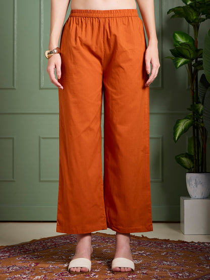 Solid Animal Motif Work & A-Line Pleated Kurta with Palazzo & Dupatta - Rust