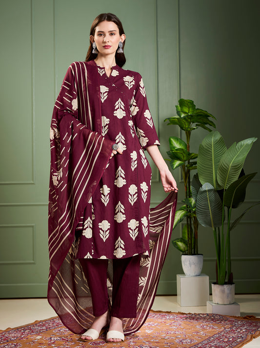 Ethnic Floral Printed & Embroidered Straight Kurta with Pant & Dupatta - Burgundy