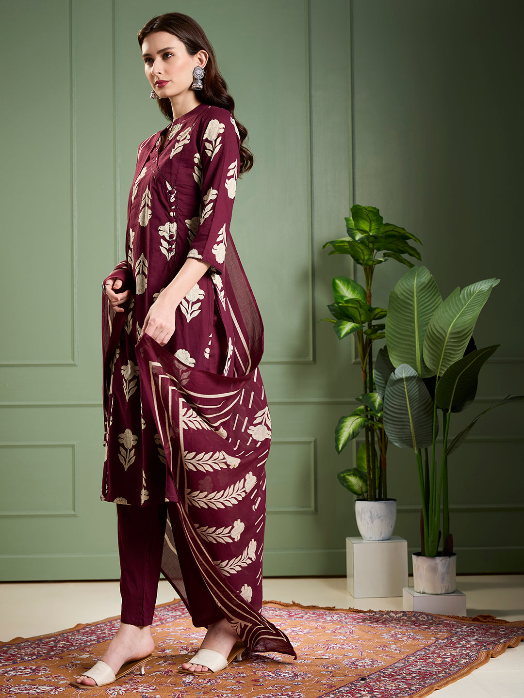 Ethnic Floral Printed & Embroidered Straight Kurta with Pant & Dupatta - Burgundy