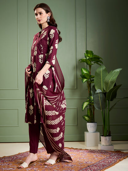 Ethnic Floral Printed & Embroidered Straight Kurta with Pant & Dupatta - Burgundy
