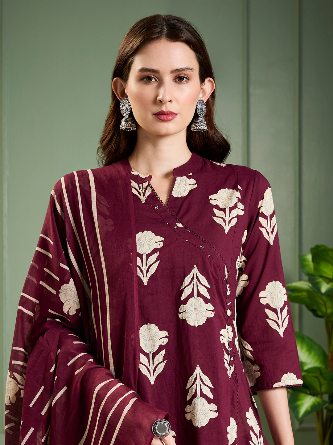 Ethnic Floral Printed & Embroidered Straight Kurta with Pant & Dupatta - Burgundy