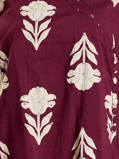 Ethnic Floral Printed & Embroidered Straight Kurta with Pant & Dupatta - Burgundy